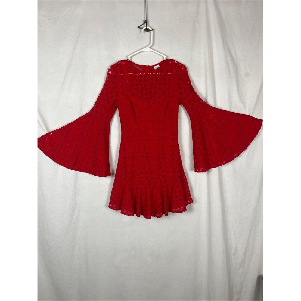 Selfie Leslie Red Lace Mini Dress with Flounce Sleeves
